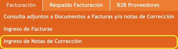 Menú solicitud notas de corrección